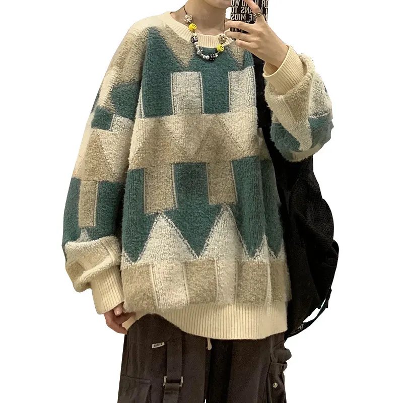 Японский модный рождественский свитер контрастного цвета в стиле ретро мужской