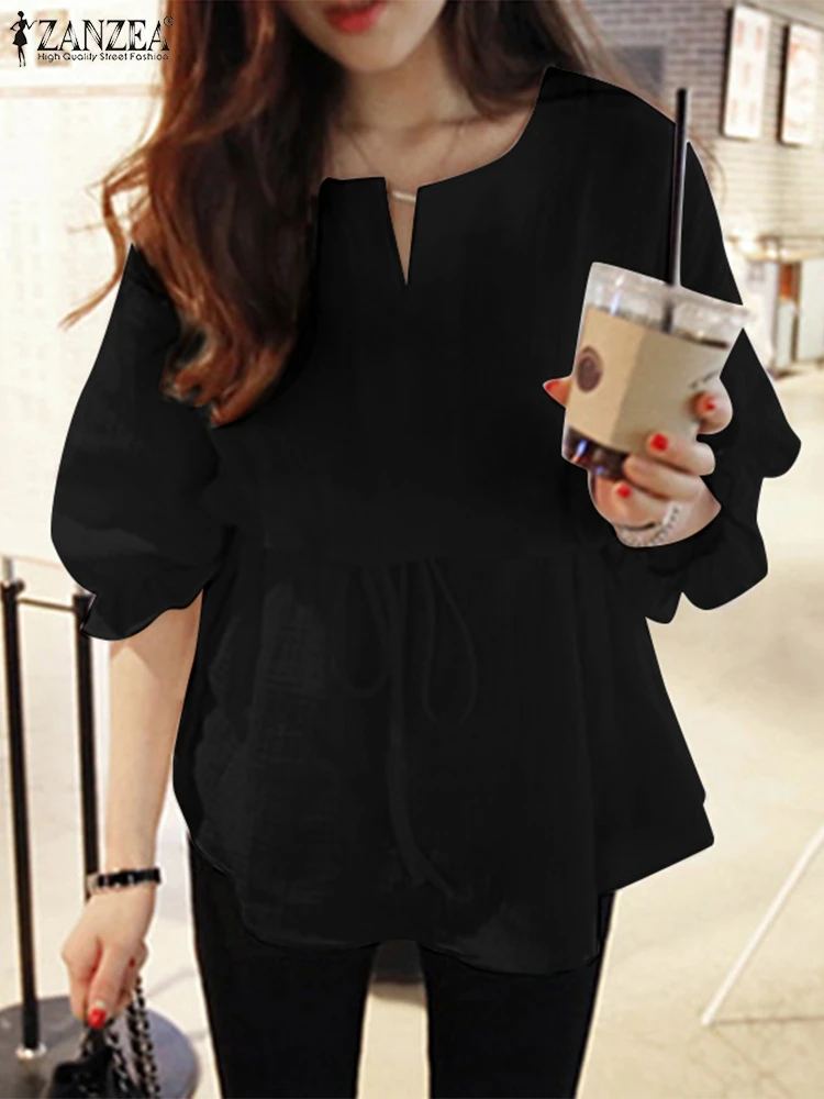Блузка ZANZEA женская с пышными рукавами модный однотонный топ на завязках