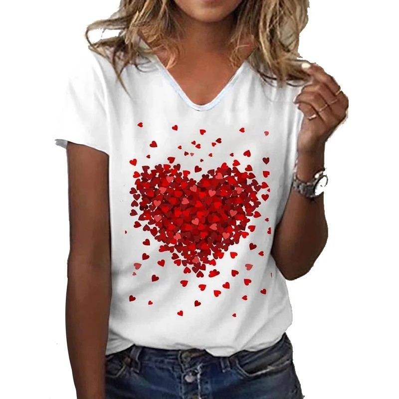 

42 Styles Summer Bassic T-shirts for Women Casual Short Sleeve Heart Printed Tee Tops Yek Clothing White V-neck Shirt Blusas 3XL