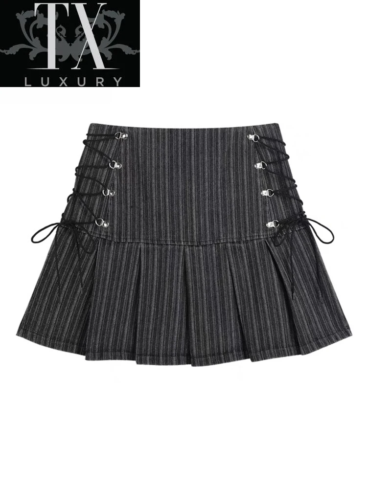 

2022 Summer New Pleated Skirt Women Vintage Sexy Harajuku High Waist Bandage Mini Chic Y2k Grey Stripe Girl A Line Skirts
