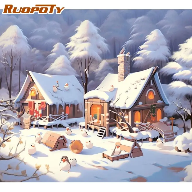 

RUOPOTY Oil Painting By Numbers Diy Crafts Picture Coloring Snow House Landscape Artwork For Adults Personalized Gift Home Decor