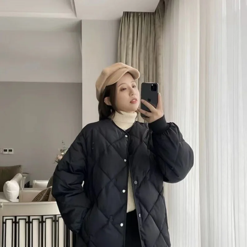 Niche Design Sense of Cotton Jacket Female Winter New Light Rhombic Plaid Bread Clothes Collarless Cotton Jacket