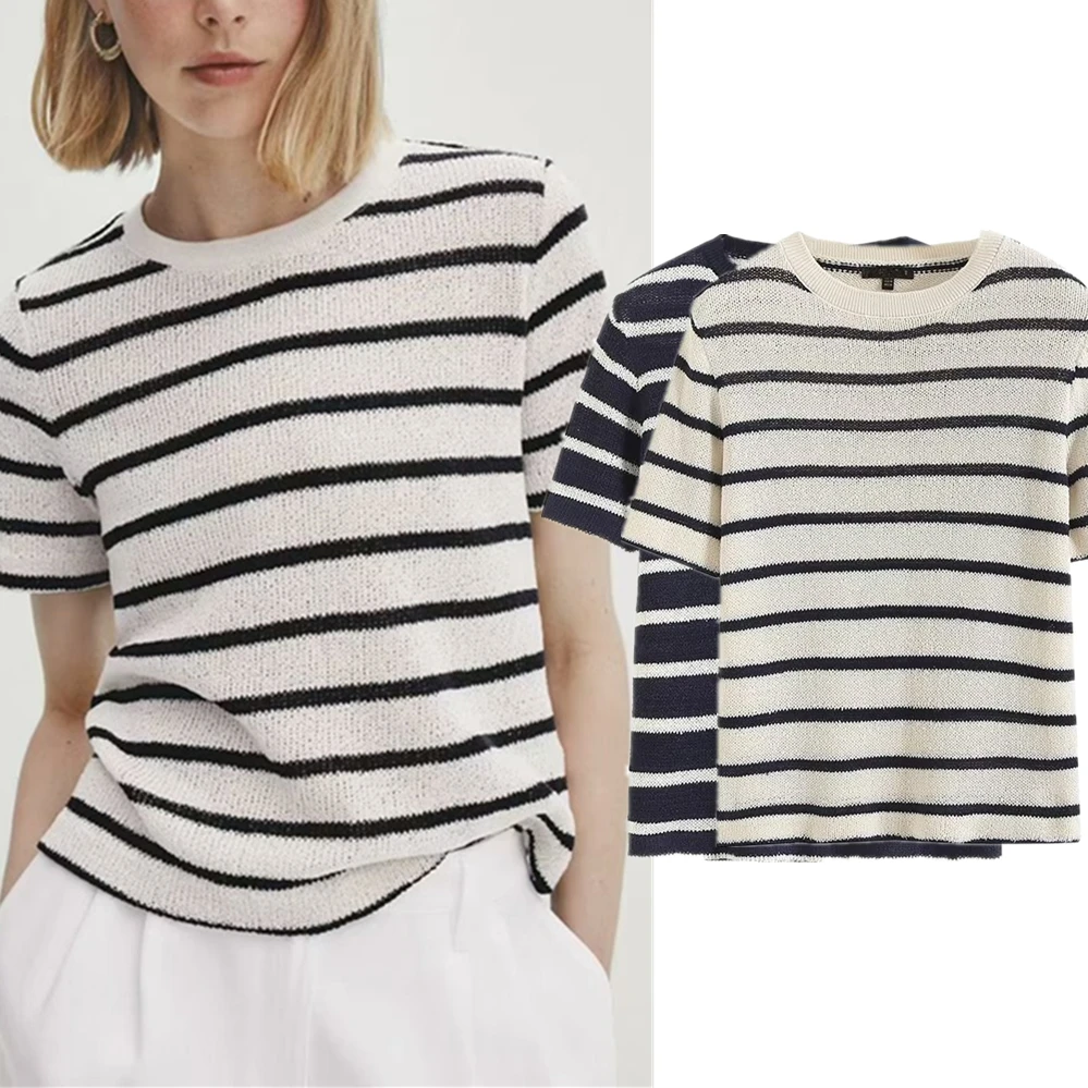 

Elmsk French Lazy Style Fashion Casual Commuter Striped Texture Summer T-Shirt Women Basic Round Neck Top Ladies