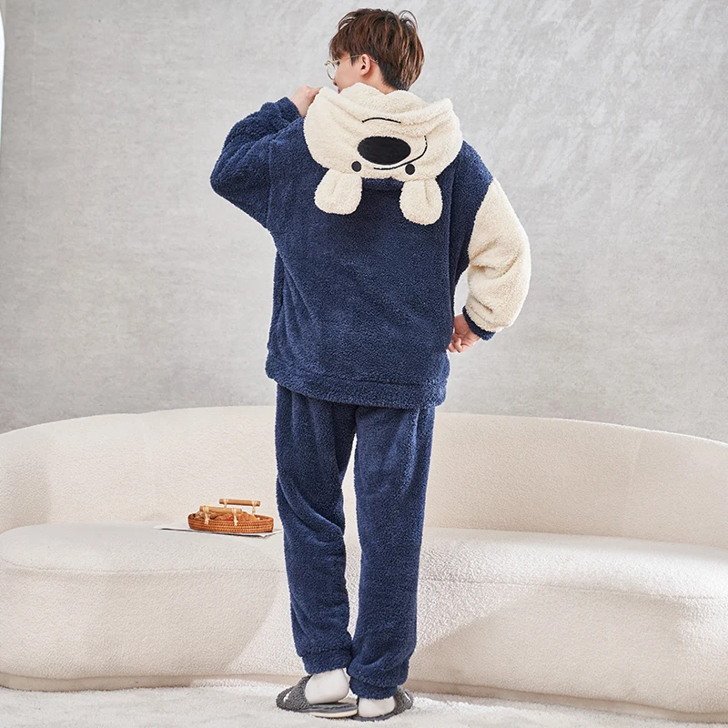 Couple Pajamas Set Women Men Winter Thicken Hoodies Pyjamas Sleepwear Cartoon Bear Kawaii Adult Warm Pijamas Suit Nightdress