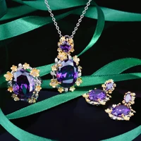 foydjew italian designer jewelry plum blossom flower jewelry sets purple diamond pendant necklaces drop earrings rings for women