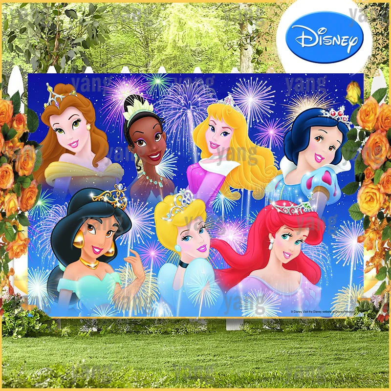 Cartoon Princess Tiana Ariel Snow White Jasmine Aurora Cinderella Backdrop Happy New Year Fireworks Party Photography Background