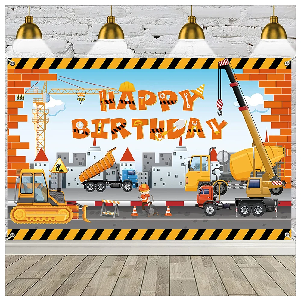 

Customized Building Construction Birthday Backdrop Dump Truck Photography Background Excavator Crane Party Banner Digger for Boy