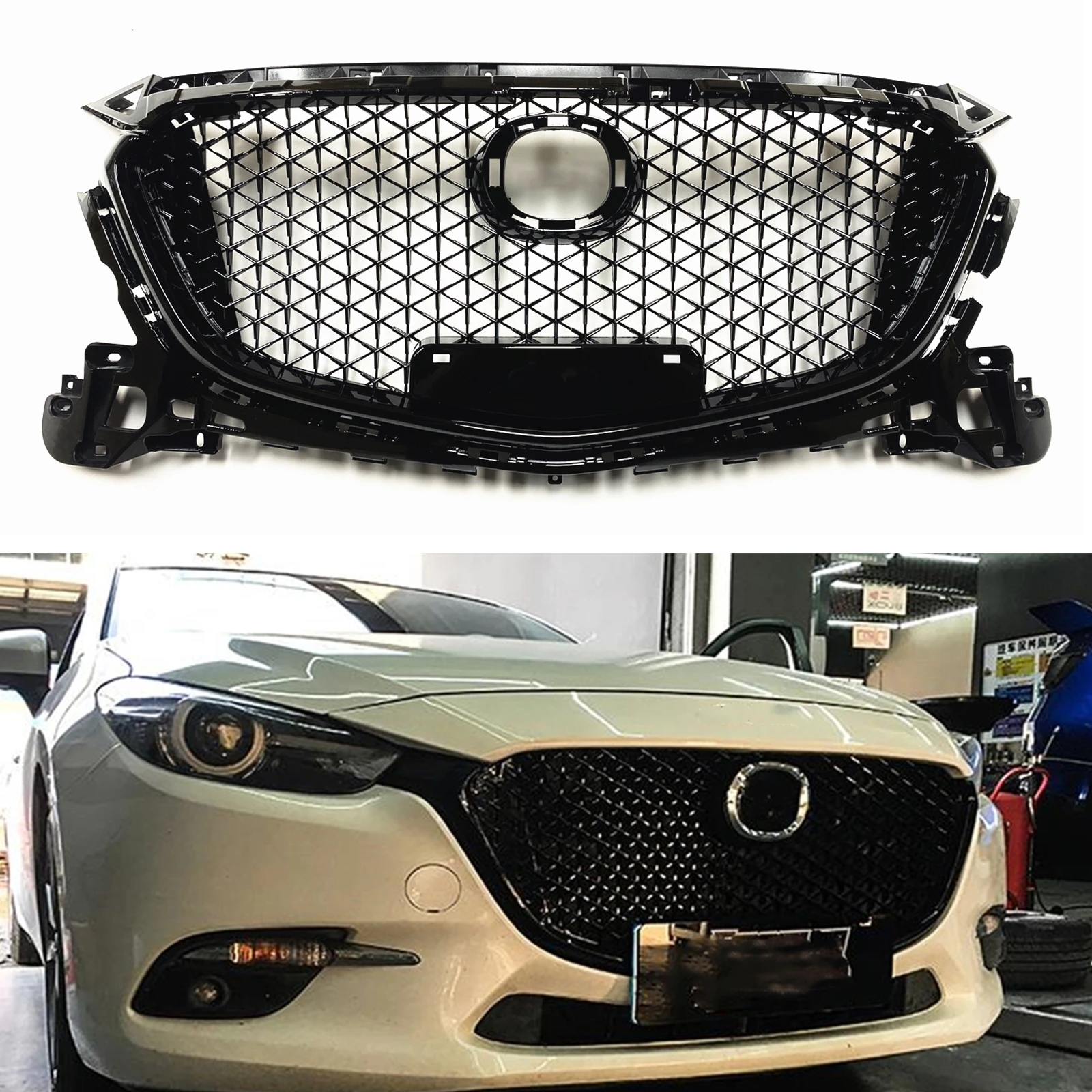 

For Mazda 3 Axela 2017-2018 Front Grille Racing Grill Glossy Black Car Upper Bumper Intake Hood Mesh Honeycomb Style Mazda3 Grid