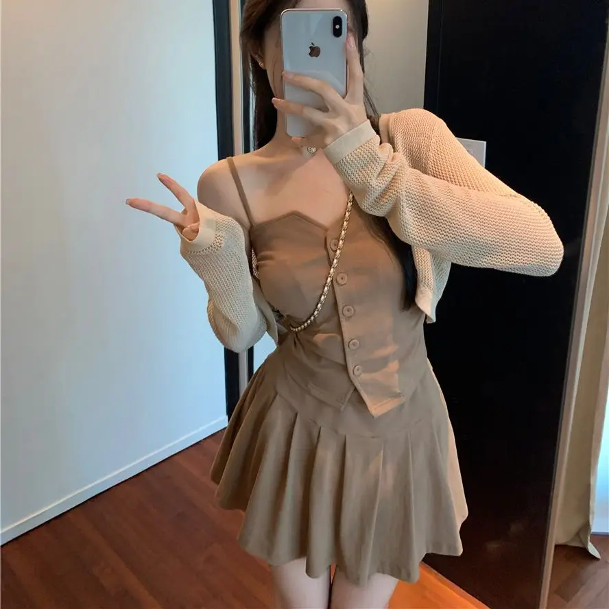 

Hsa Sweet Kawaill Y2k 2 Piece Dress Set Women 2023 Summer Fashion Bodycon Suits Chic knit Cardigan + Vest Skirt 3 pcs Summer Set