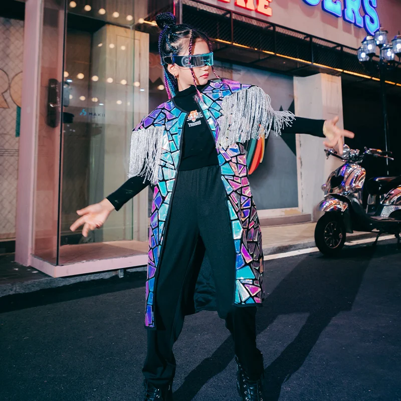 

Kids Jazz Dance Costumes Fashion Mirror Shiny Fringe Jacket Girls Jazz Dance Clothing Modern Street Dance Hip Hop Suit 2022CM