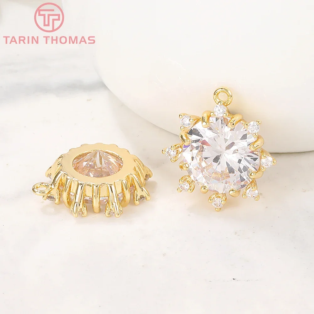 Латунные подвески с круглым цветком из циркония 2 шт. 15 х15 мм 24 Кар цвет золото