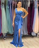 layout niceb classic long blue one shoulder evening dresses with slit sheath satin pleated prom celebrity gowns for women