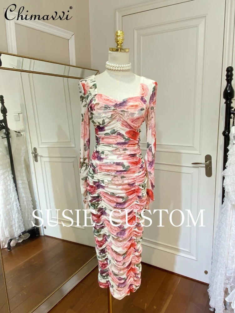 

Fashion Colorful Beautiful Flower Print Women's Dress 2023 Spring and Autumn Sexy High Waist Long Sleeve Slim Fit Long Dress