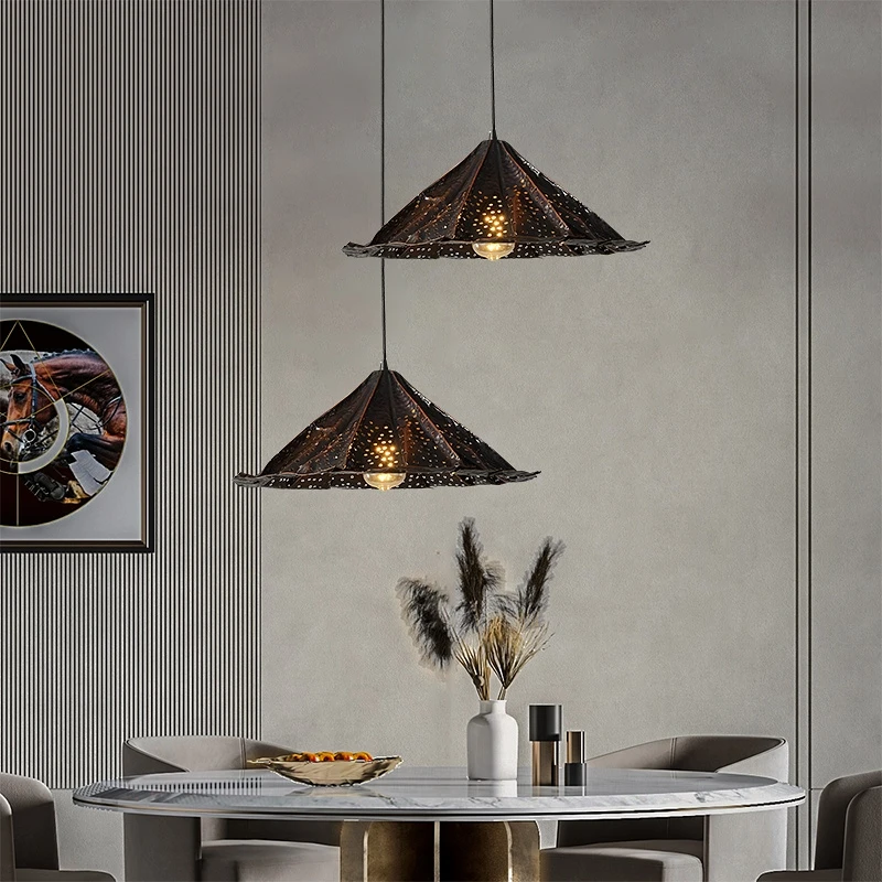 

Copper American Retro Lotus Leaf Chandelier Restaurant Dining room Droplight Hollow Out Indoor E27 Lighting