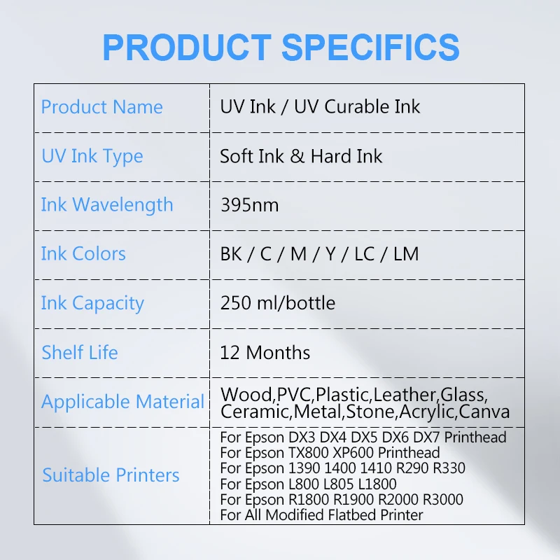 6×250ML LED UV Ink For DX4 DX5 DX6 DX7 DX10 TX800 XP600 Printhead Epson 1390 L800 L1800 L805 R1800 R1900 (BK C M Y LC LM) - купить по