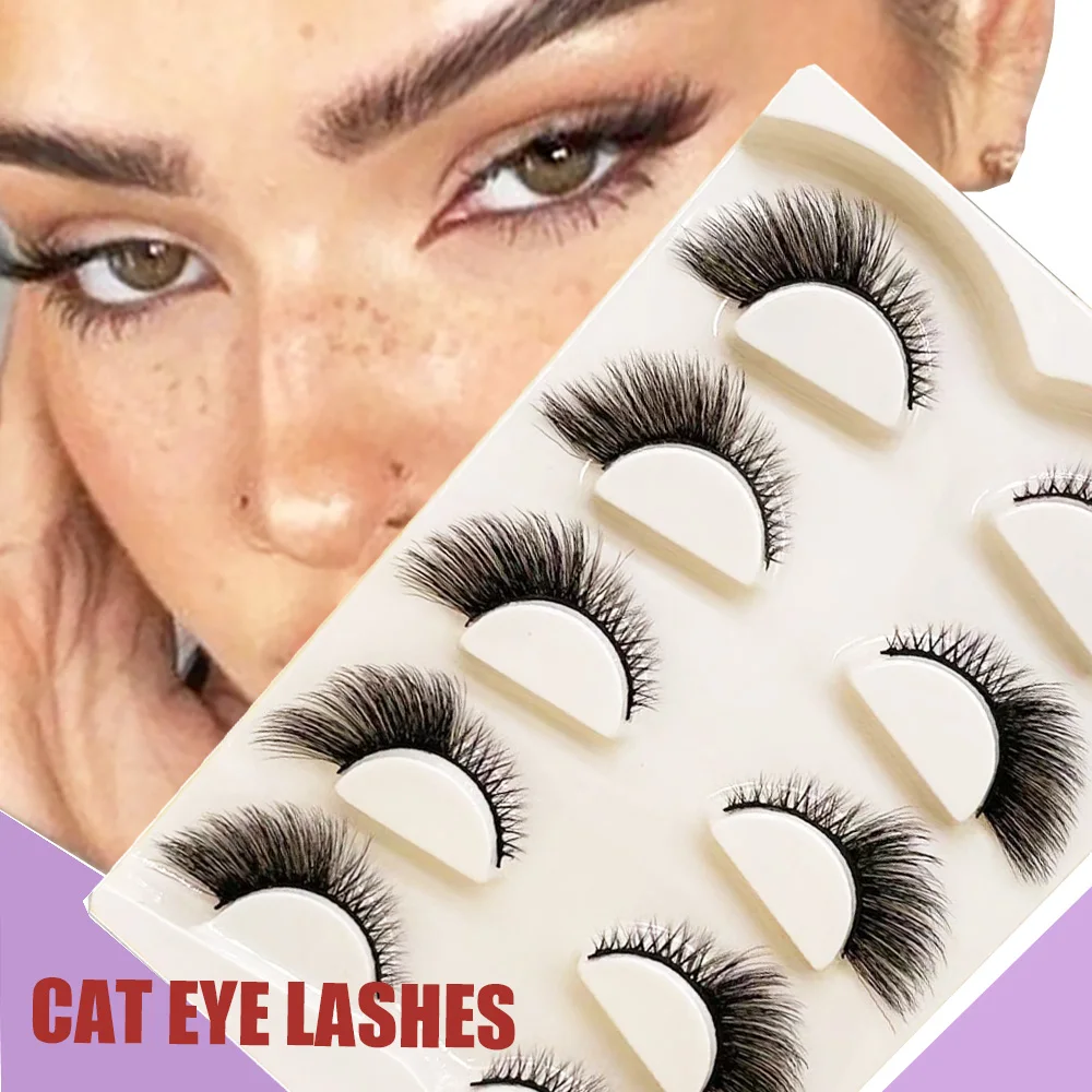 

5 Pairs Fake Eyelashes Cat Eye Natural Tapered Half Lashes Fox Eye Winged Cat Eye Mink Lashes Extension Makeup Faux Cils