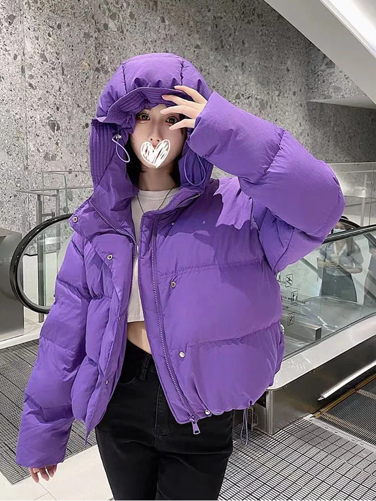 Зимний тренд фиолетовая утолщенная теплая укороченная куртка на молнии с 90%