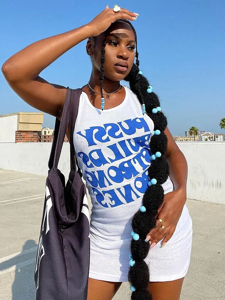 

HAOYUAN Letter Print White Rib Tank Dresses for Women 2022 Fashion Sexy Summer Clothes Club Birthday Outfits Mini Bodycon Dress