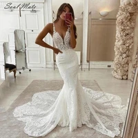 sexy lace mermaid wedding dress spaghetti strap soft tulle backless bridal gown sleeveless vintage bridal gown vestidos de novia