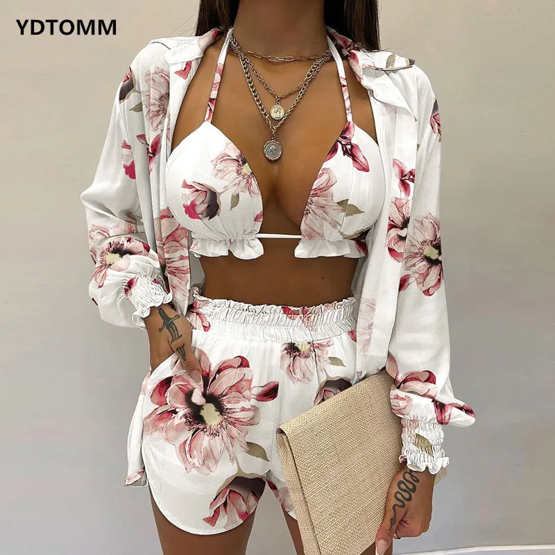 

Костюм спортивный женский из 3 предметов, купальник с длинным рукавом и шорты, топ свободного покроя с кулиской и короткие штаны, большие раз...