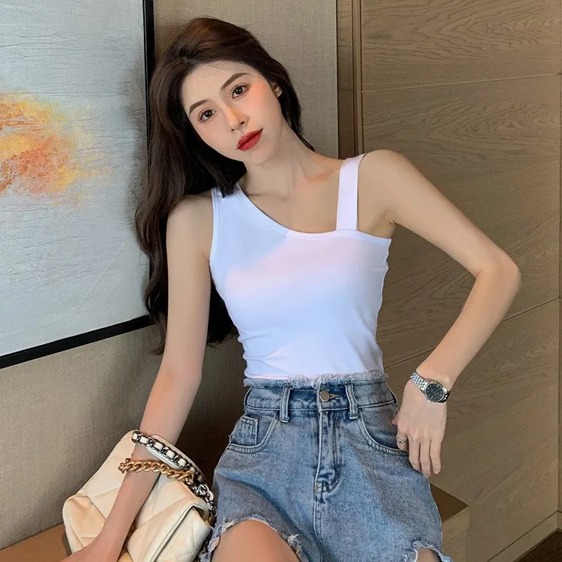 

Women Summer Irregular Sleeveless Sleeve Vest Ice Silk Solid Color Tank Tops Short Suspenders Slanted Shoulder Top Vests Clothes