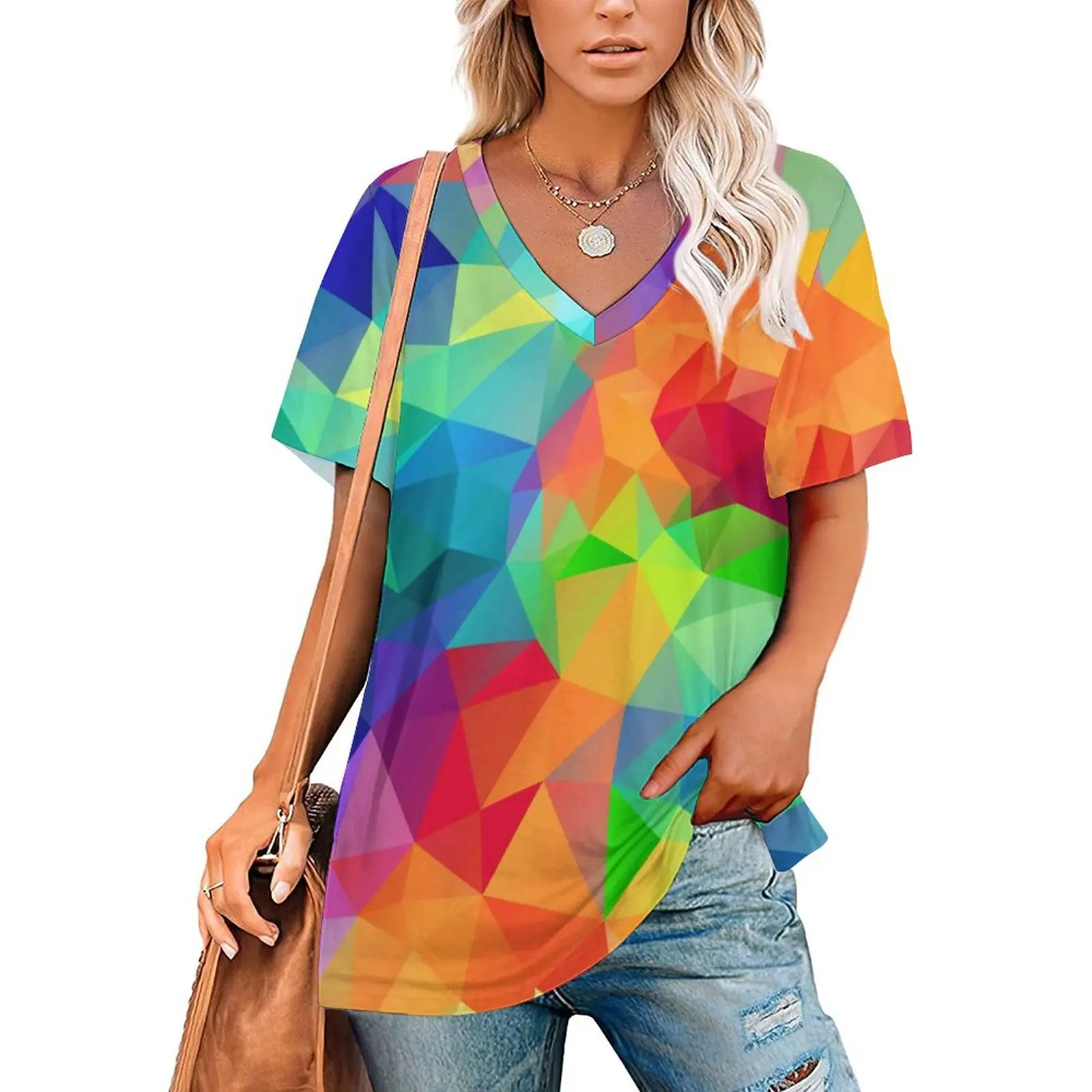 

Ombre Print T Shirts Colorful Polygon Street Style V Neck T Shirt Short-Sleeve Hip Hop Oversized Tee Shirt Graphic Clothing Gift