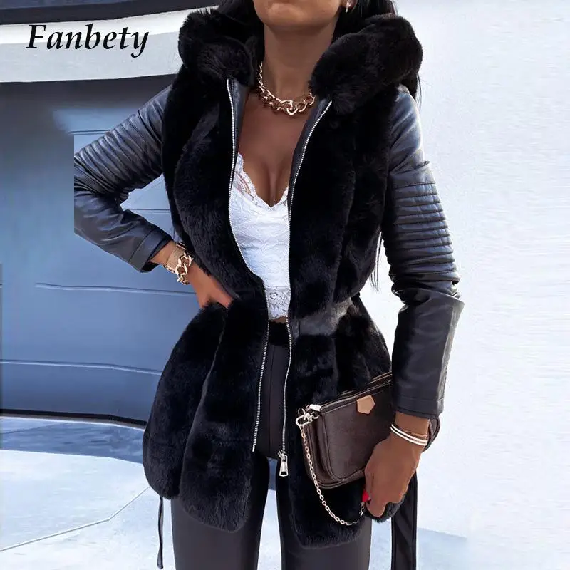 

2022 Women Warm Teddy Bear Fleece Leather Faux Fur Jackets Fashion Patchwork Long Sleeve Slim Jacket Autumn Zip Lace-up Outwear