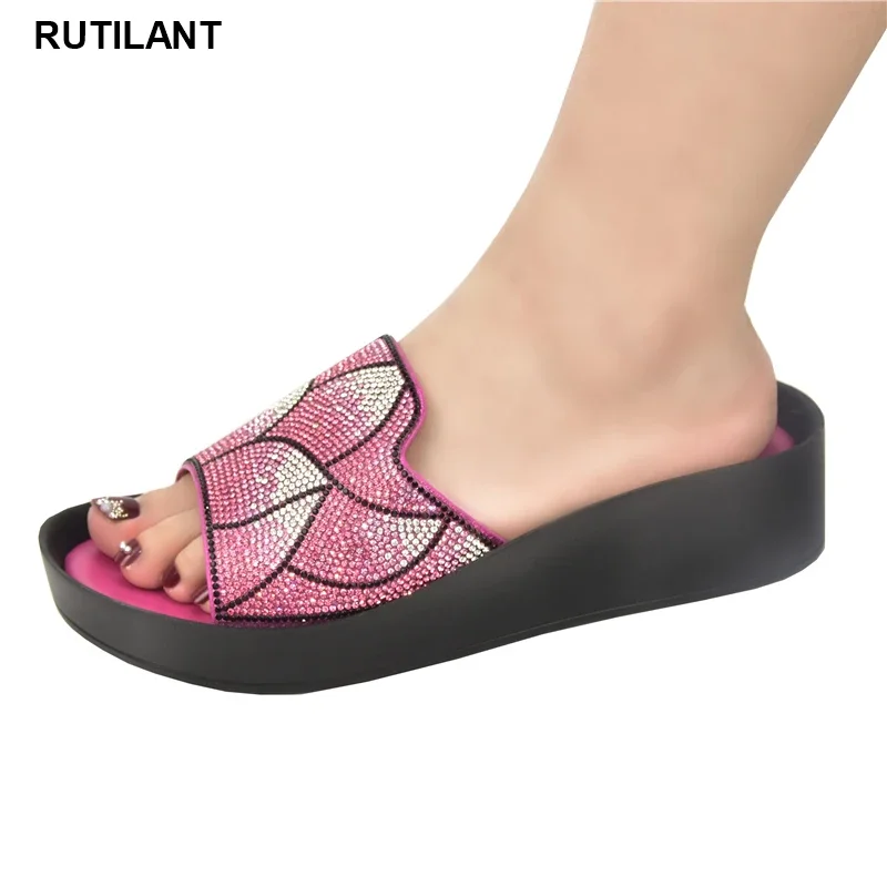 

Latest Design Wedges Shoes for Women Open Toe Pumps African Women Party Pumps Decorated with Rhinestone Wedding Shoes Bride