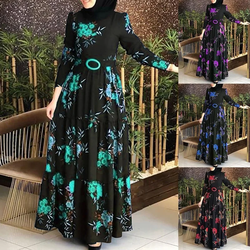 Muslim Abaya Dress Women Long Sleeve Ethnic Floral Print Belt Maxi Kaftan Robe Women's Islamic Clothing Sets Vestidos 2022 New