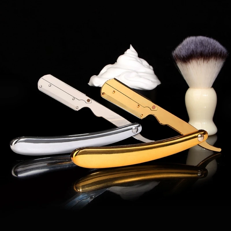 

Бритва из нержавеющей стали с прямым лезвием, гальванизированная, золотая, Серебряная ручка из АБС, сменные лезвия, ручная складная бритва Y0822