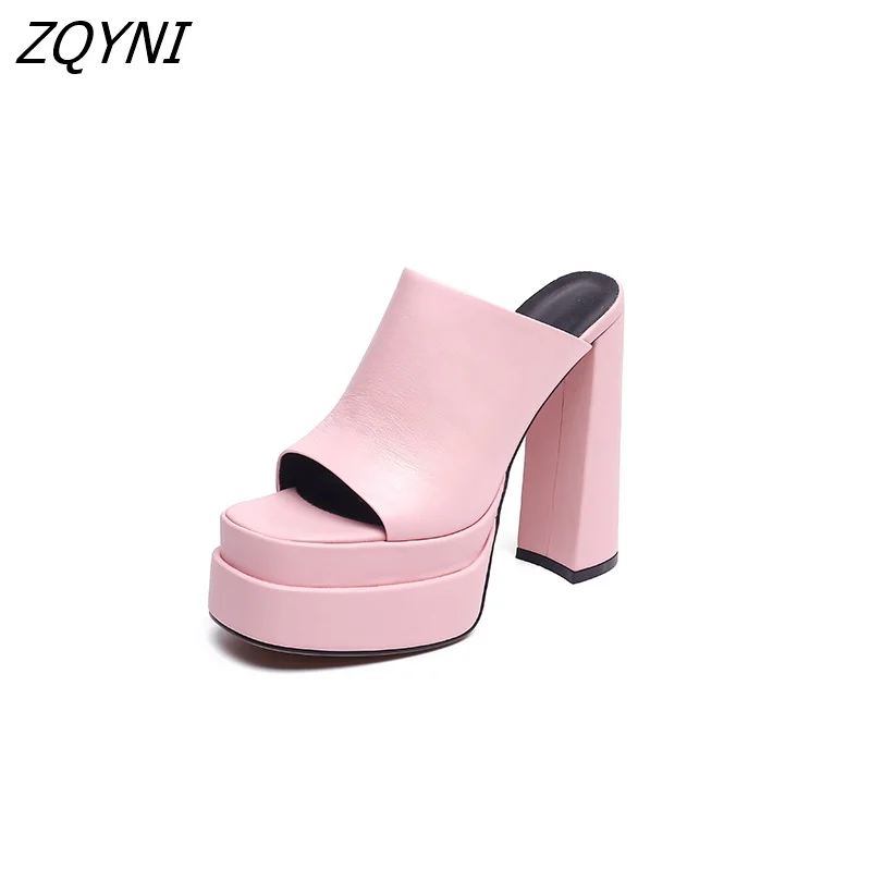 

2022 summer new leather women's sandals thick soled high heels party casual shoes black pink