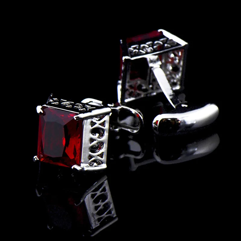 

French Shirt Cufflinks Men's Suit Wedding Banquet Gift Business Classic Trendy Simple High-grade Red Crystal Hollow Cuff Links