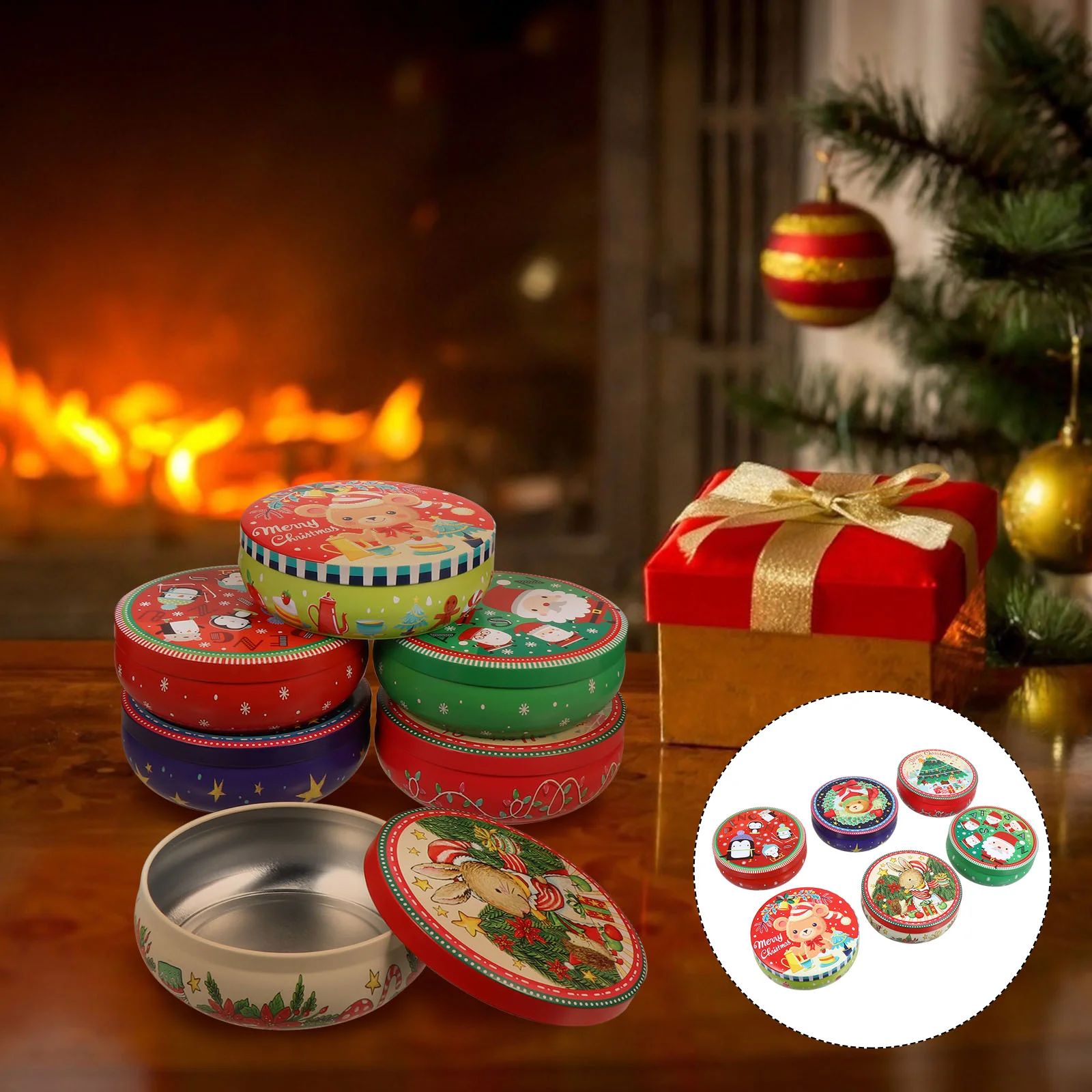 

Christmas Cookie Giftgiving Tins Candyboxes Containers Lids Storage Box Round Tinmetal Decorative Buffet Ornament Jars Lid Jar
