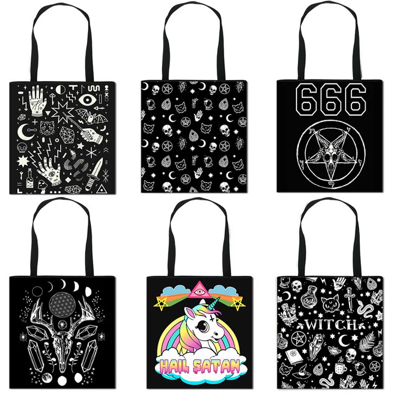 

Женская сумка на плечо Witch/666/с надписью «Hail Satan», женская сумка Baphomet/Witchcraft, повседневная сумка-тоут с черным котом, женская сумка для покупок