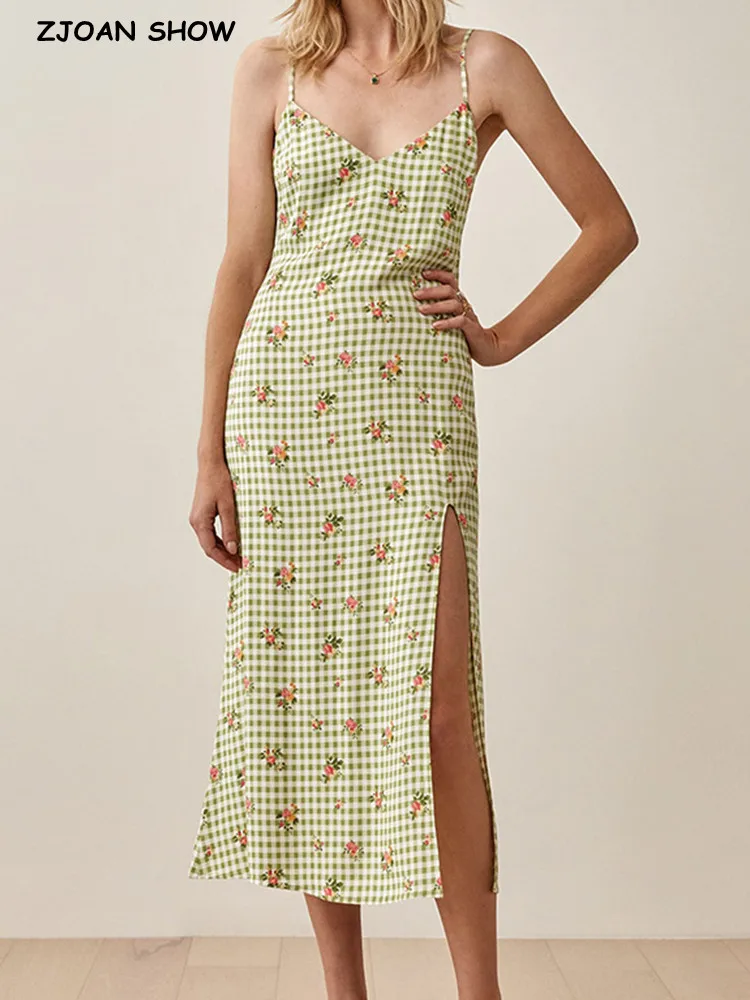

Женское винтажное платье на бретельках, зеленое клетчатое платье в стиле ретро на бретельках с V-образным вырезом и разрезом, праздничное пл...