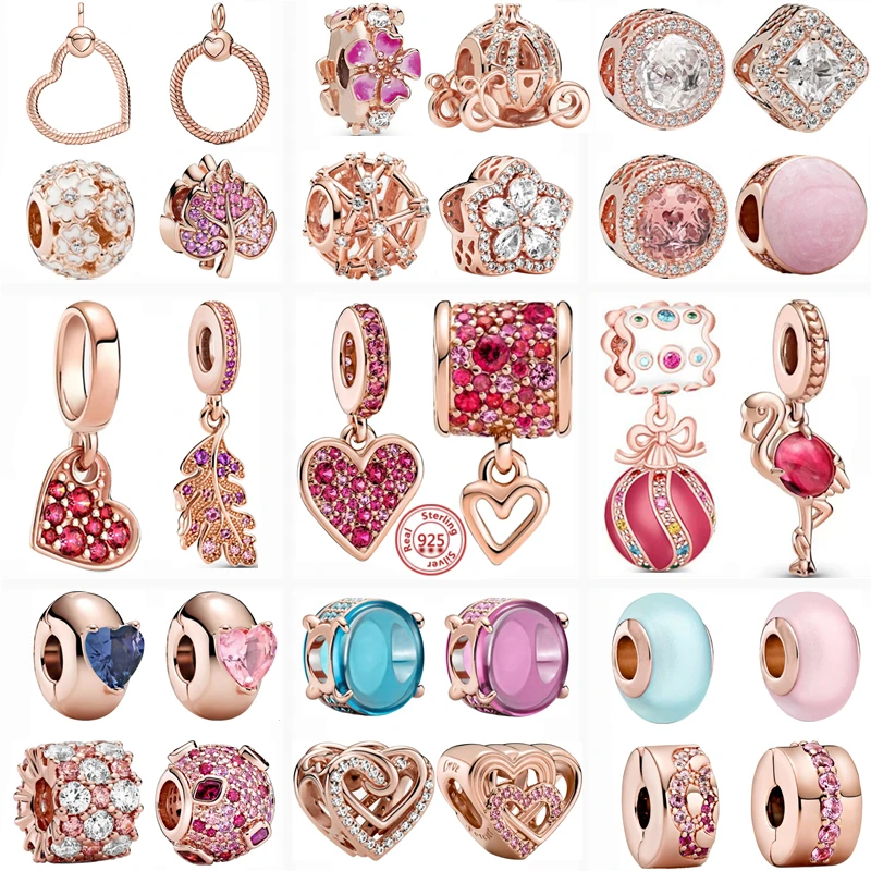 

Hot Sale Rose Gold Series Pink Zircon Leaves Heart Pendant Sparkling Clip Bead Fit Charm Bracelet DIY 925 Silver Jewelry