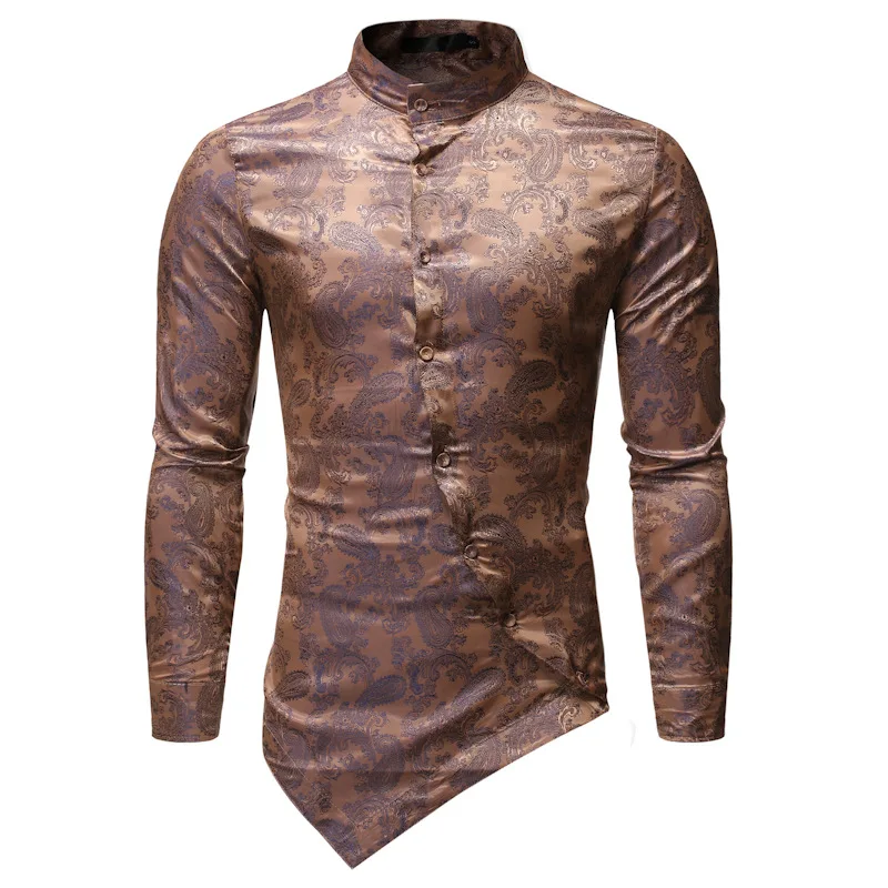 2023 New Men's shirt Individual irregular hem design shirts Casual Long Sleeve Dark Pattern Printed Shirt Eurocode S-2XL