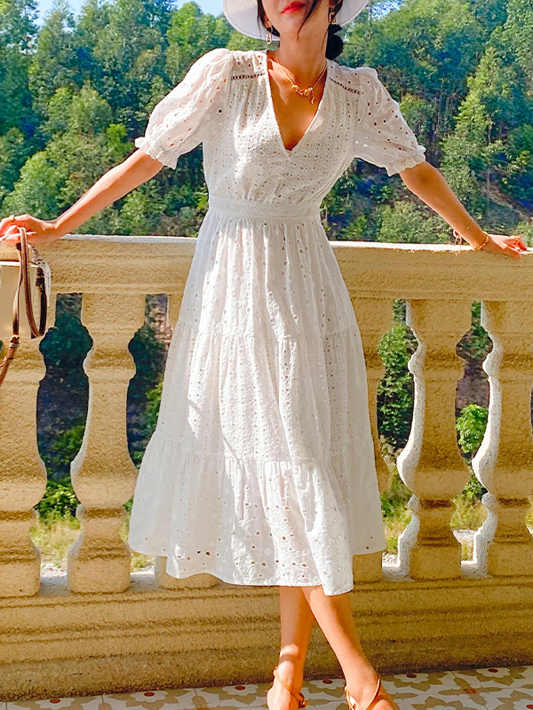 

Jastie French White Embroidered Dress Women Hollow V Neck Ruffle Hem High Waist Vestidos Boho Holiday Beach Casual Midi Dresses