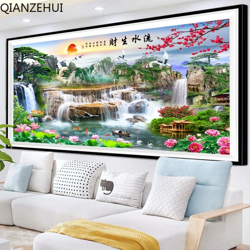 DIY 11CT Печатная проточная вода богатство геомантическая полная вышивка в гостиной