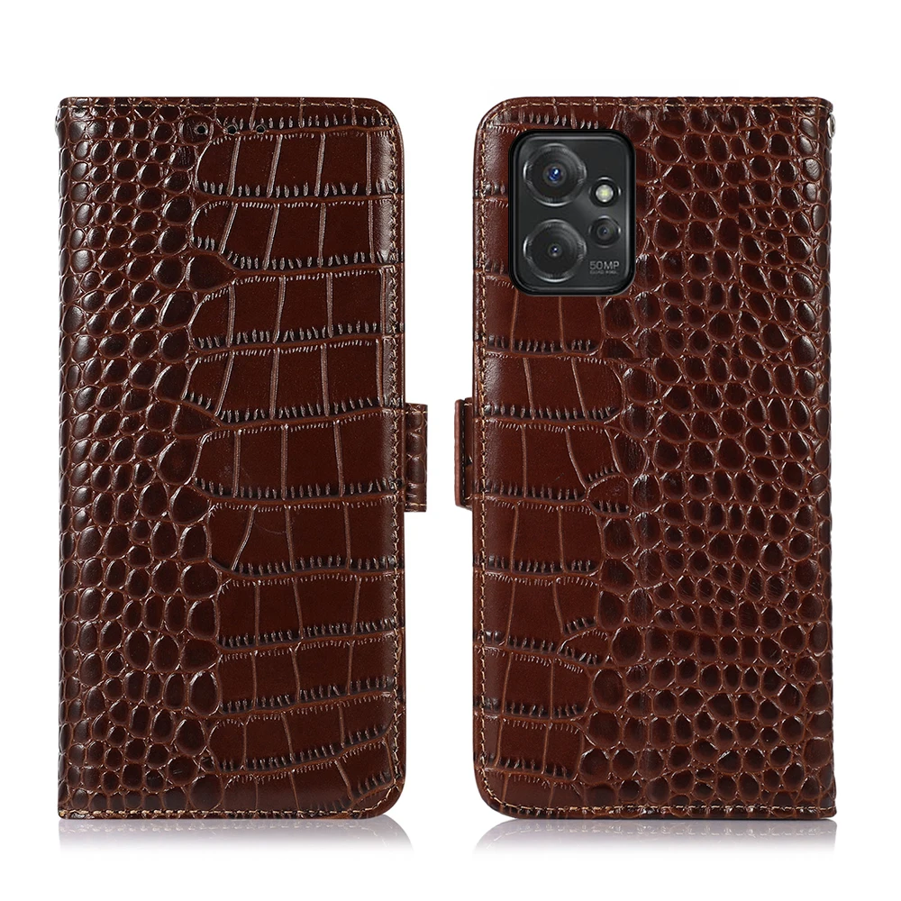 

Genuine Cowhide Leather Flip Case For Motorola MOTO G Power G73 G72 Edge 40 Alligator Grain RFID Blocking Magnetic Wallet Cover