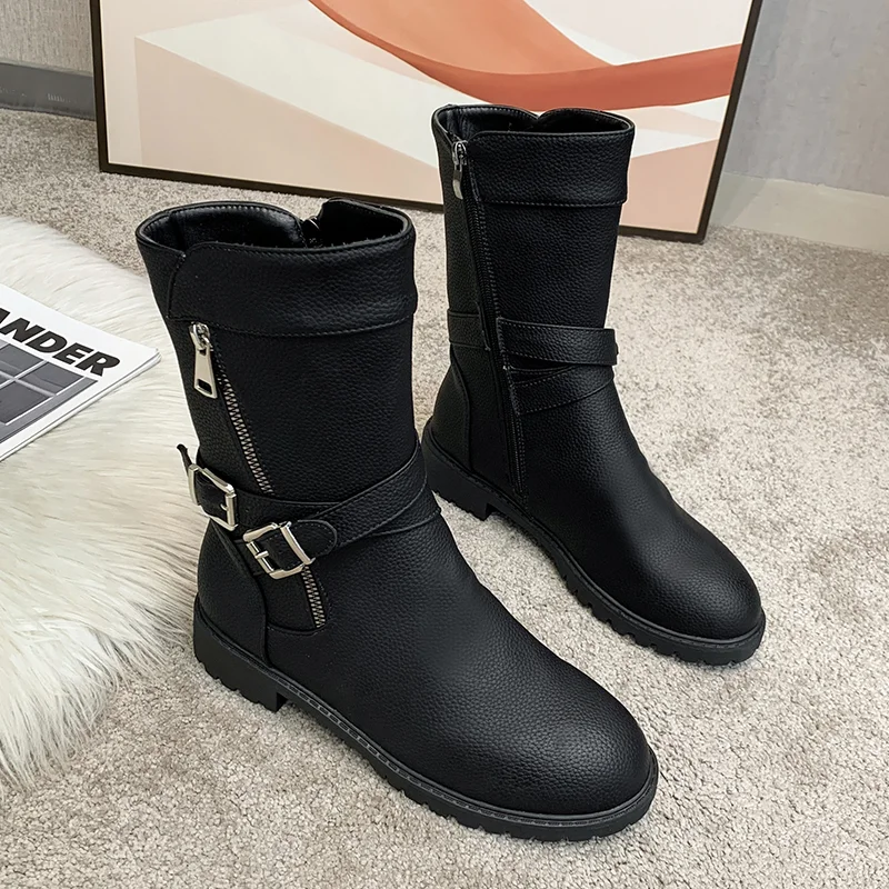 

Женские повседневные кожаные ботинки на платформе, асимметричные ботинки для верховой езды с декоративными пряжками и боковой молнией, Осе...