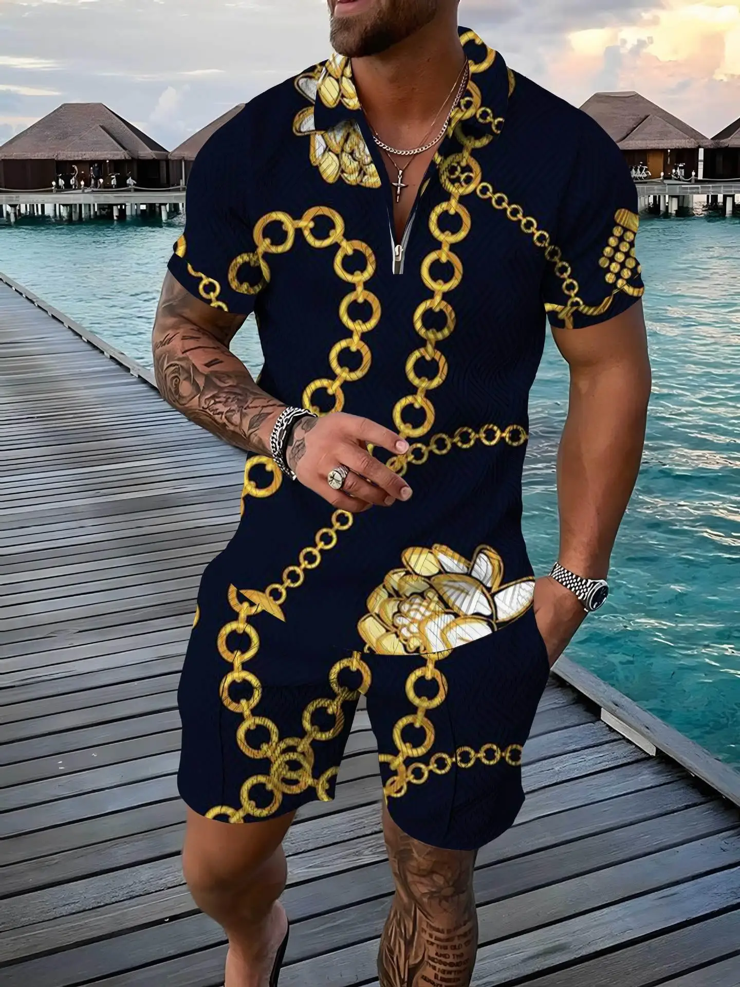 Luxury Polo Shirt Two Piece Set 3D Leopard Print Summer Zipper Short Sleeve Shorts Tracksuits Fashion Sportswear Mens Clothing