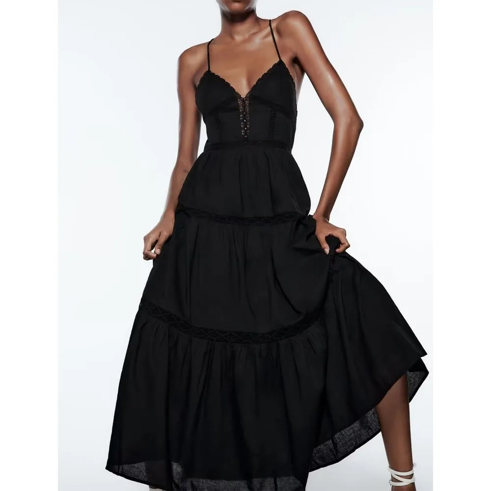 

2022 women's summer new vertical lace decorated midi dress sexy backless lace-up drape temperament dress