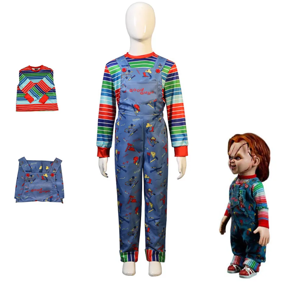 

Костюм для косплея Чаки 2 из ужасного фильма, комбинезоны с принтом куклы для мальчиков и девочек, костюм для вечеринки на Хэллоуин, карнавал, день рождения