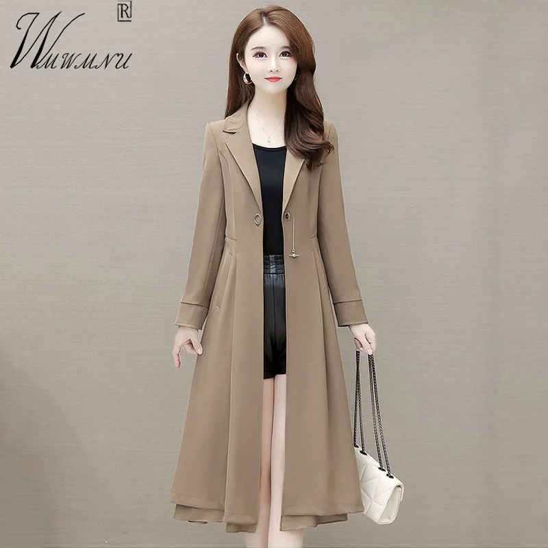 

Chic Slim Waist Long Trench Coat Women Mother's Tement Femme Spring Fall Suit Collar Skirt Windbreaker Long Sleeves Cardigan