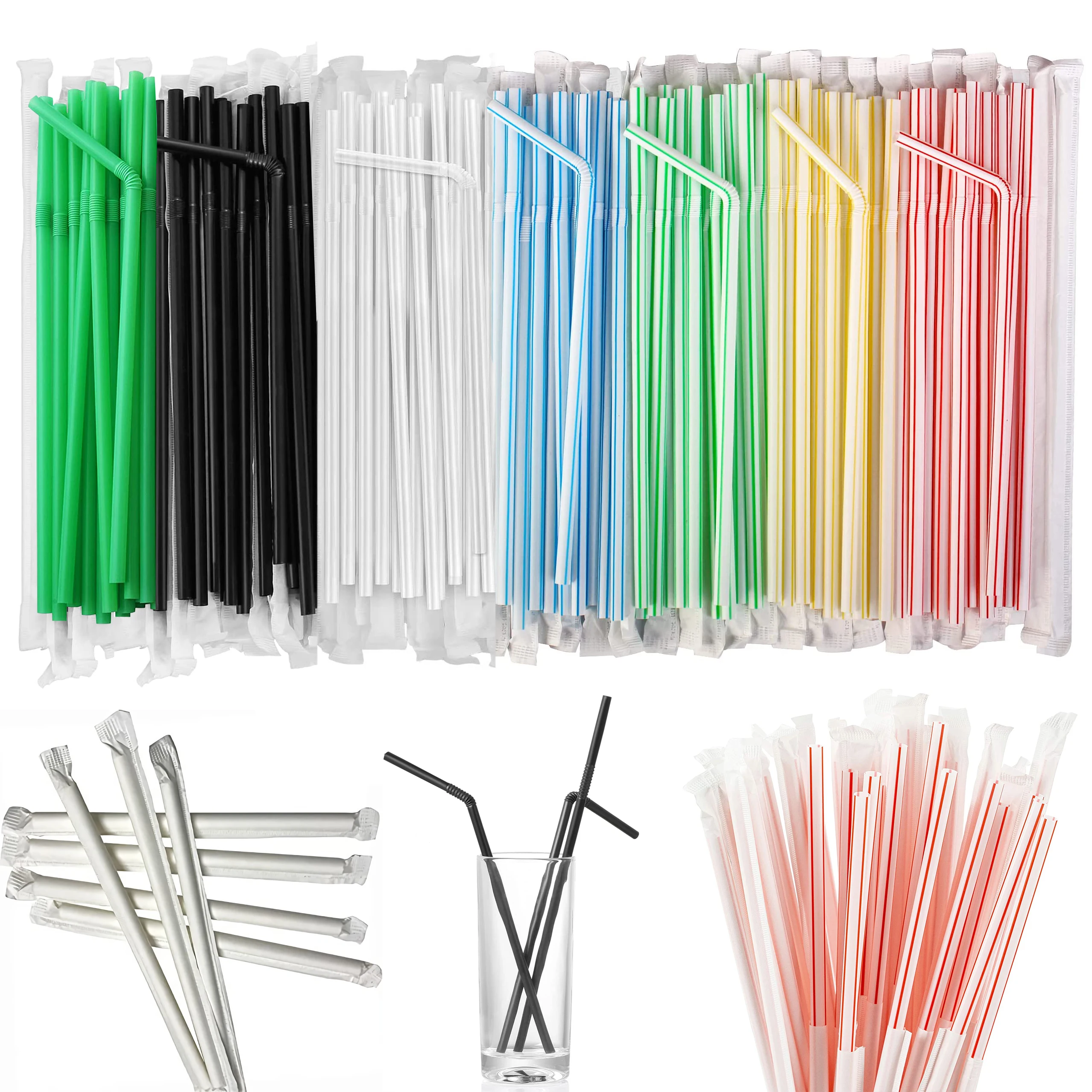 

Disposable Flexible Plastic Drinking Straws Milkshake BPA Free Plastic Straw 100 pcs/set for Bar Individually Wrapped Drinkware