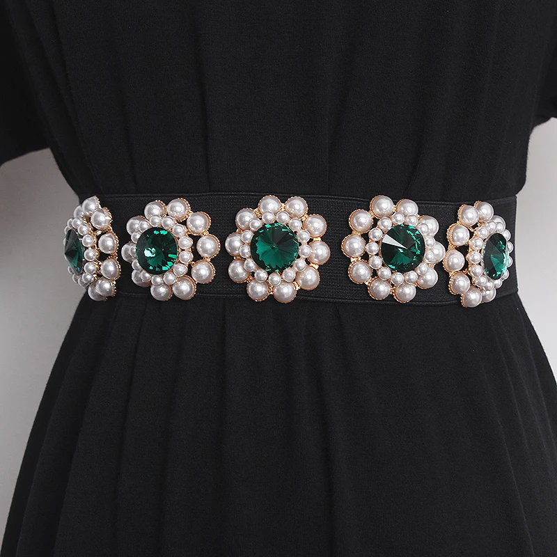 2023 New Bling Pearl inlaid with diamonds handmade belt ladies decorative elastic belt