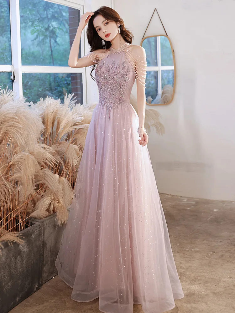 Pink Evening Dress Autumn 2022 Celebrity Banquet Tassel Dress Solo Art Examination Host Long Dress