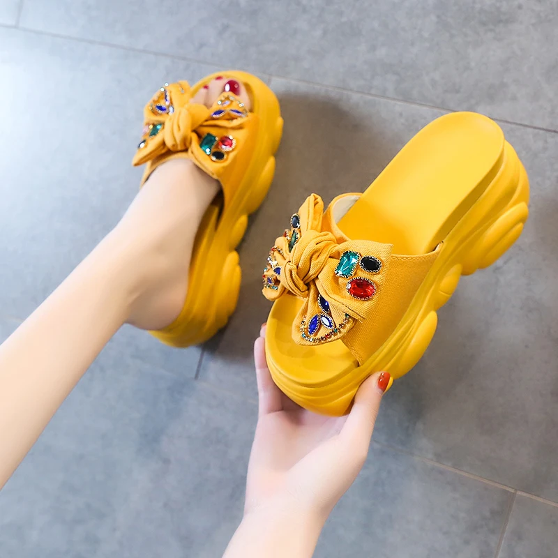 

Female Shoes Increased Internal On A Wedge Butterfly-Knot Slippers Women Summer Slides Heeled Mules Platform 2023 Flat High Fabr