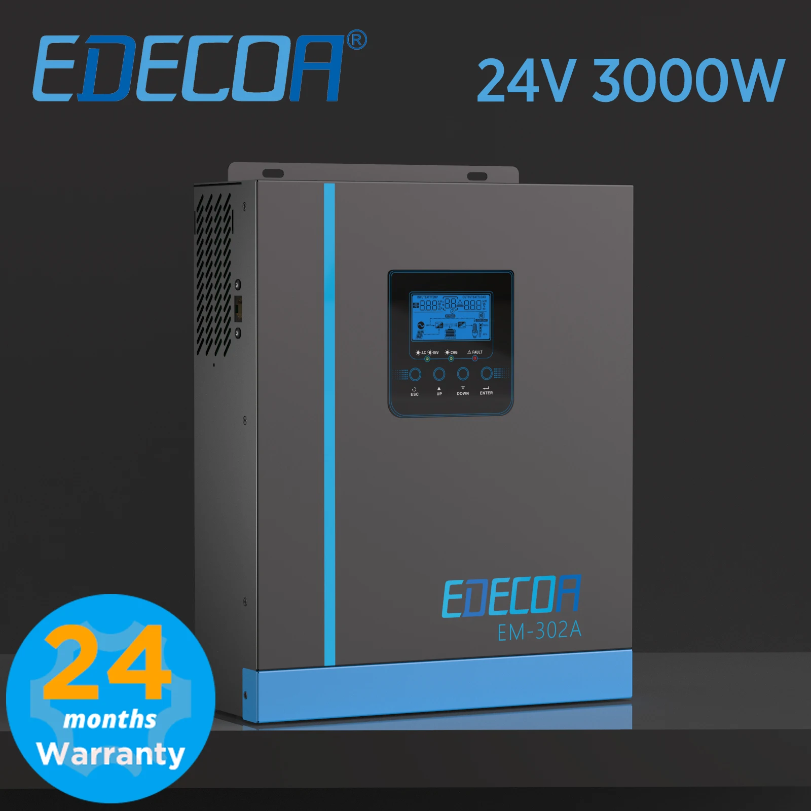 

EDECOA hybrid solar inverter 3000W 3.2KVA 24V 220V 230V 3KW MPPT 80A PV 450VDC pure sine wave UPS charger for lifepo4 battery